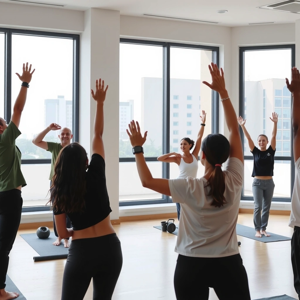 Diverse group of people practicing yoga together in a modern studio