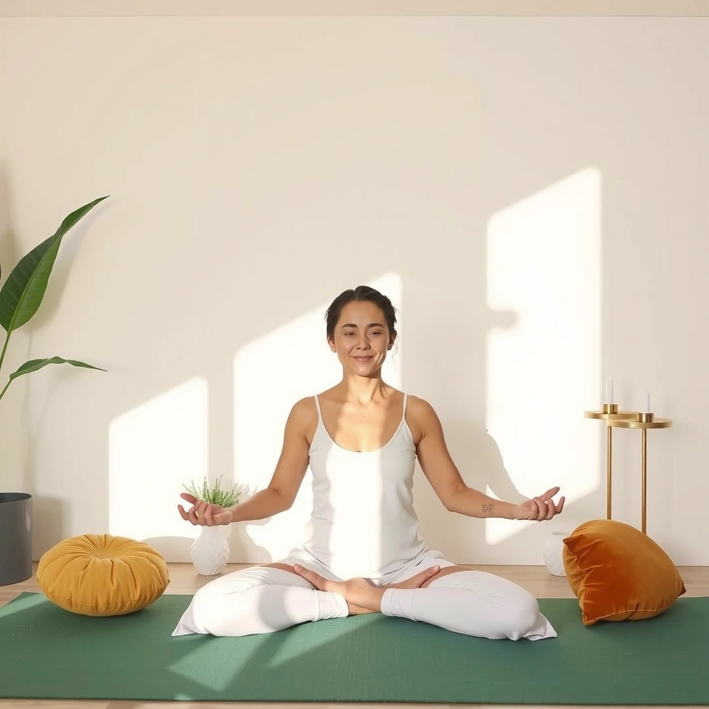 Female yoga instructor Maria leading meditation session