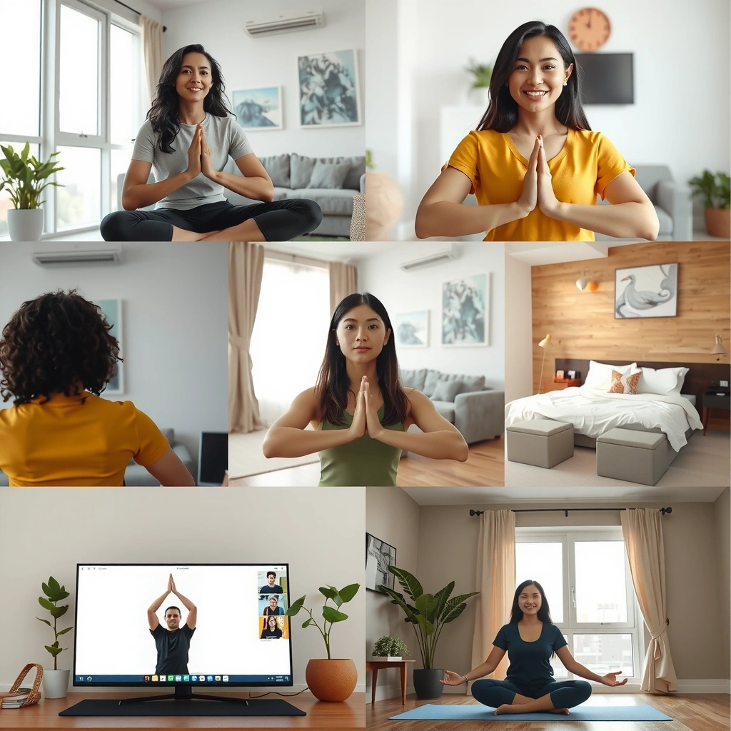 Group of diverse people joining virtual yoga class from different locations