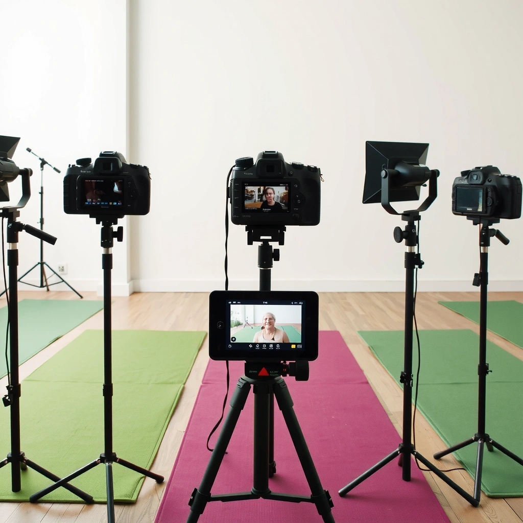 Professional yoga studio setup for virtual classes with multiple cameras and proper lighting