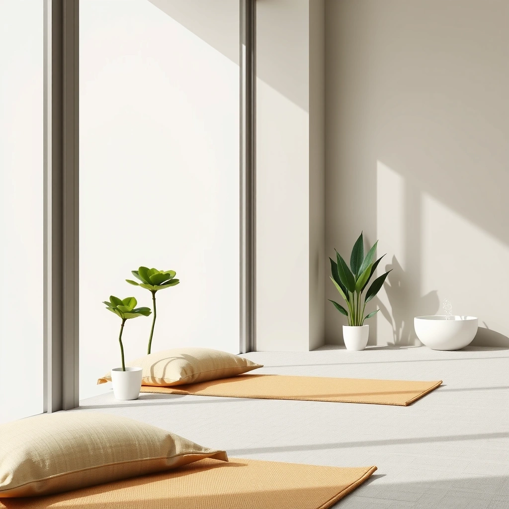 Serene meditation corner with cushions and plants