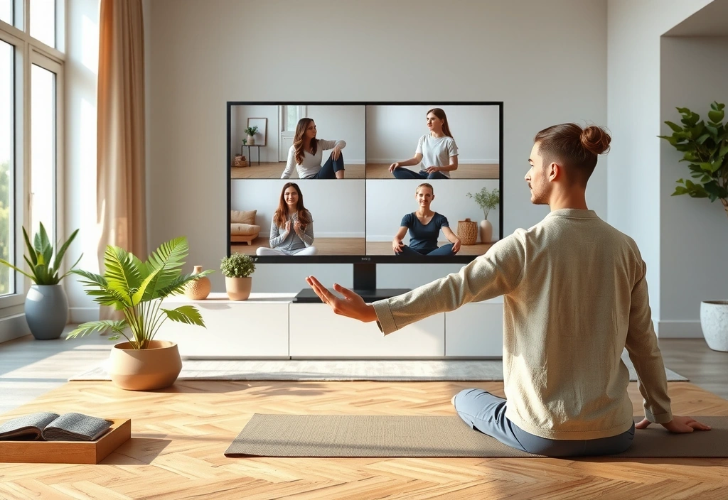 Instructor teaching virtual yoga class with students on screen