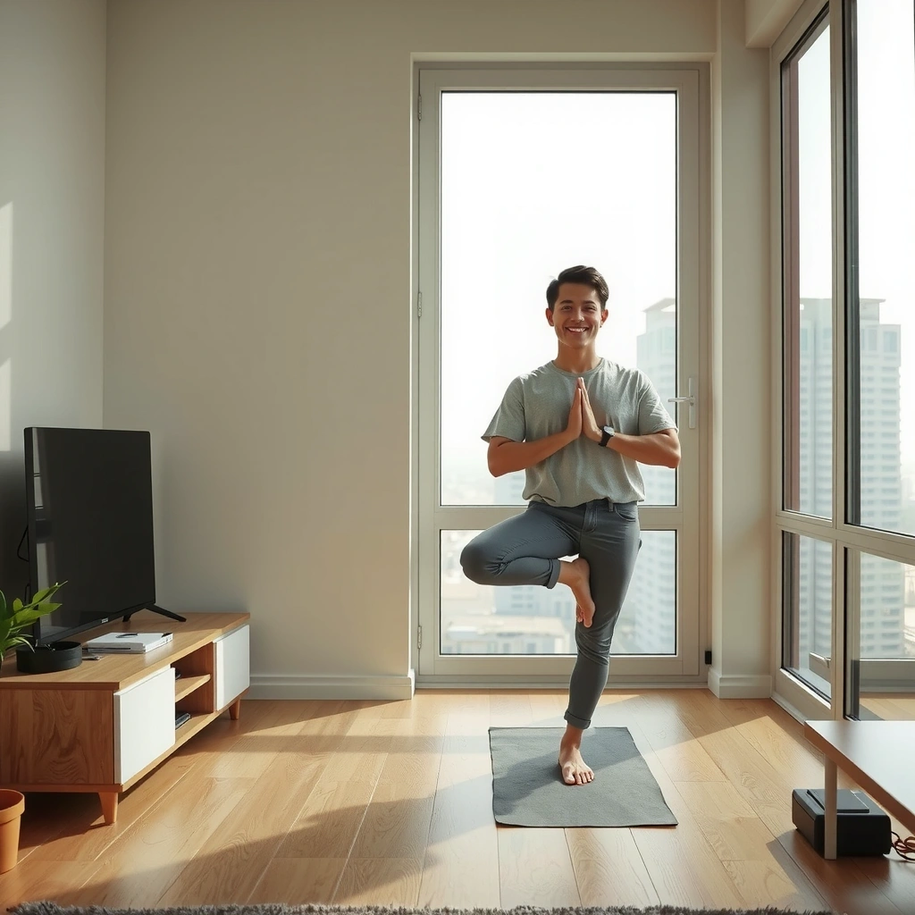 Happy yoga practitioner in Doha home setting